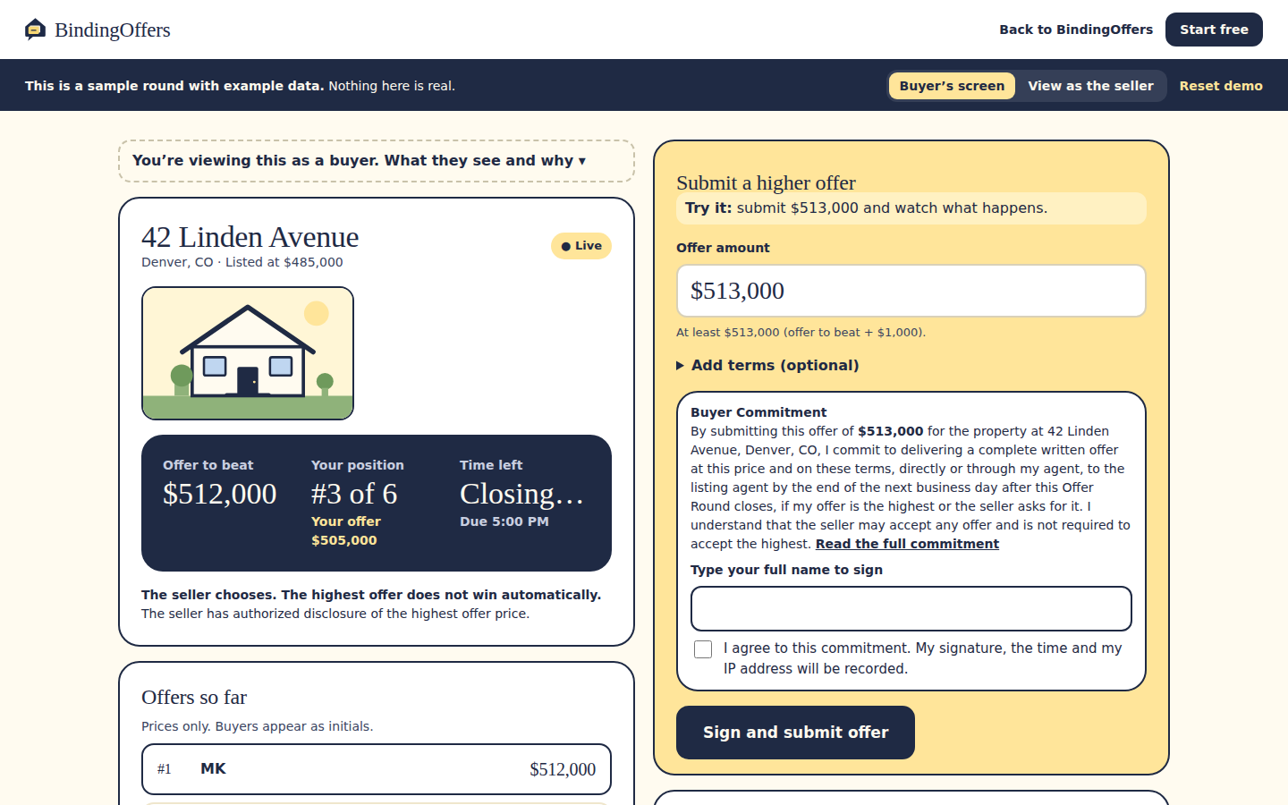 The sample round: the offer to beat, the offers so far by initials, the time left, and the form to submit a higher offer.